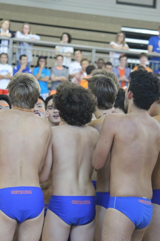The boys swim team in their speedos at the fall pep rally (Jolena Pang).