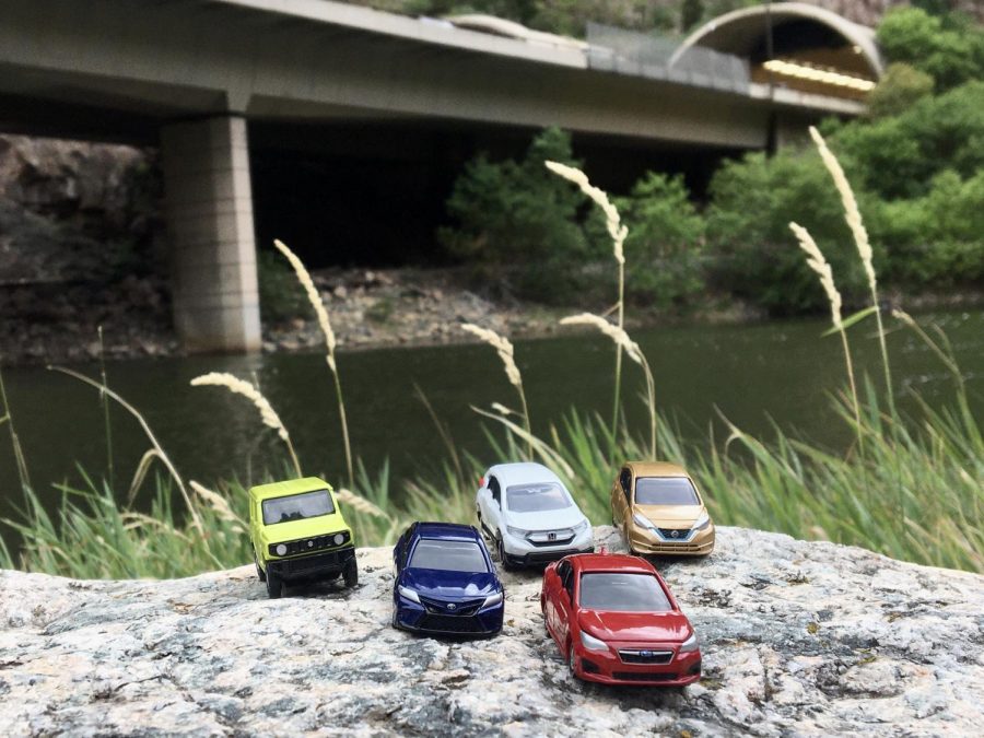 Tomica cars in front of the Hanging Lake Tunnels.