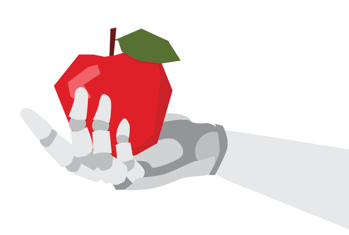 An illustration of a robotic hand holding an apple.
