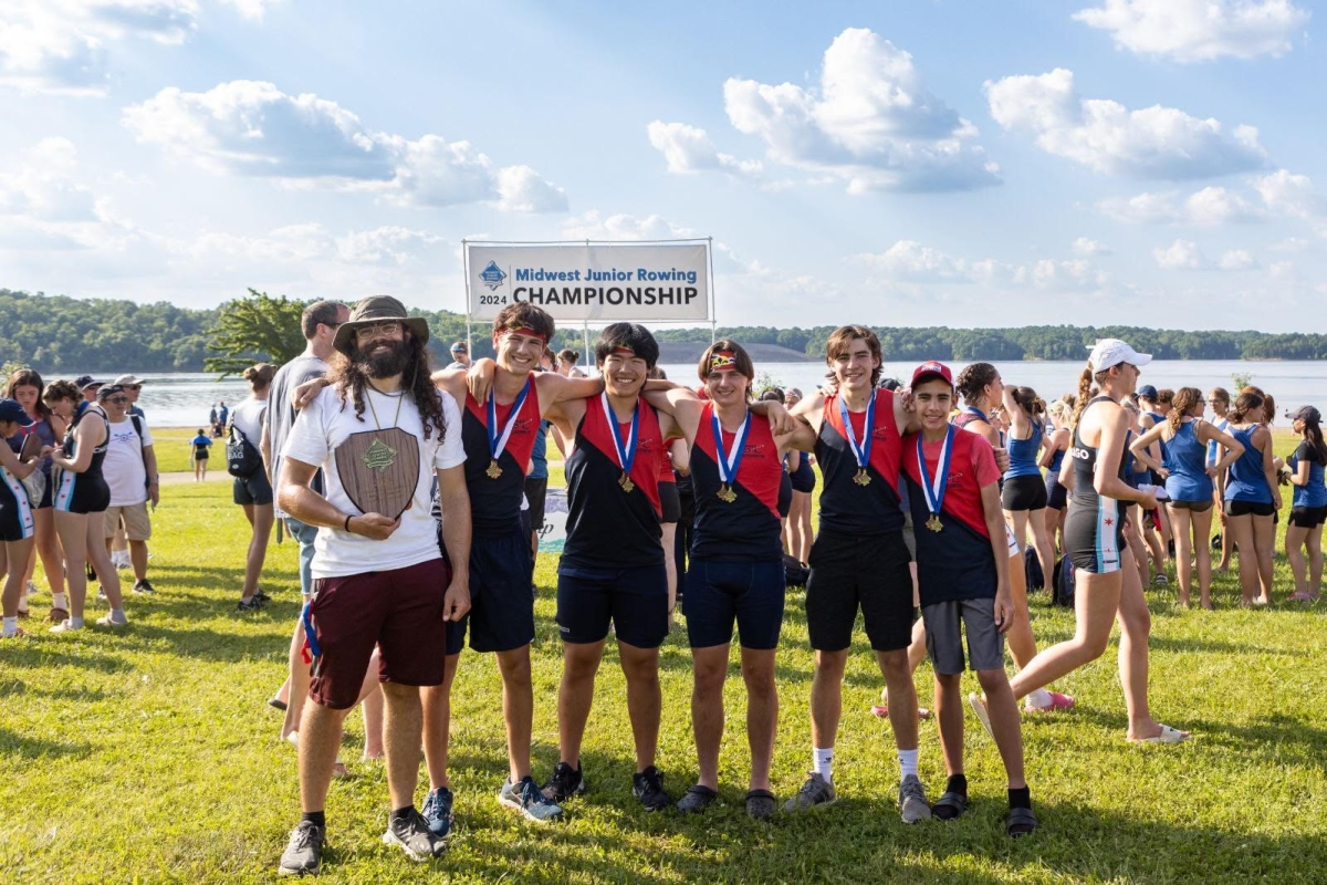 Junior Nick Chen and his teammates celebrates earns first place with the four-person crew at the Midwest Junior Rowing Championships 2024. Photo courtesy of Nick Chen